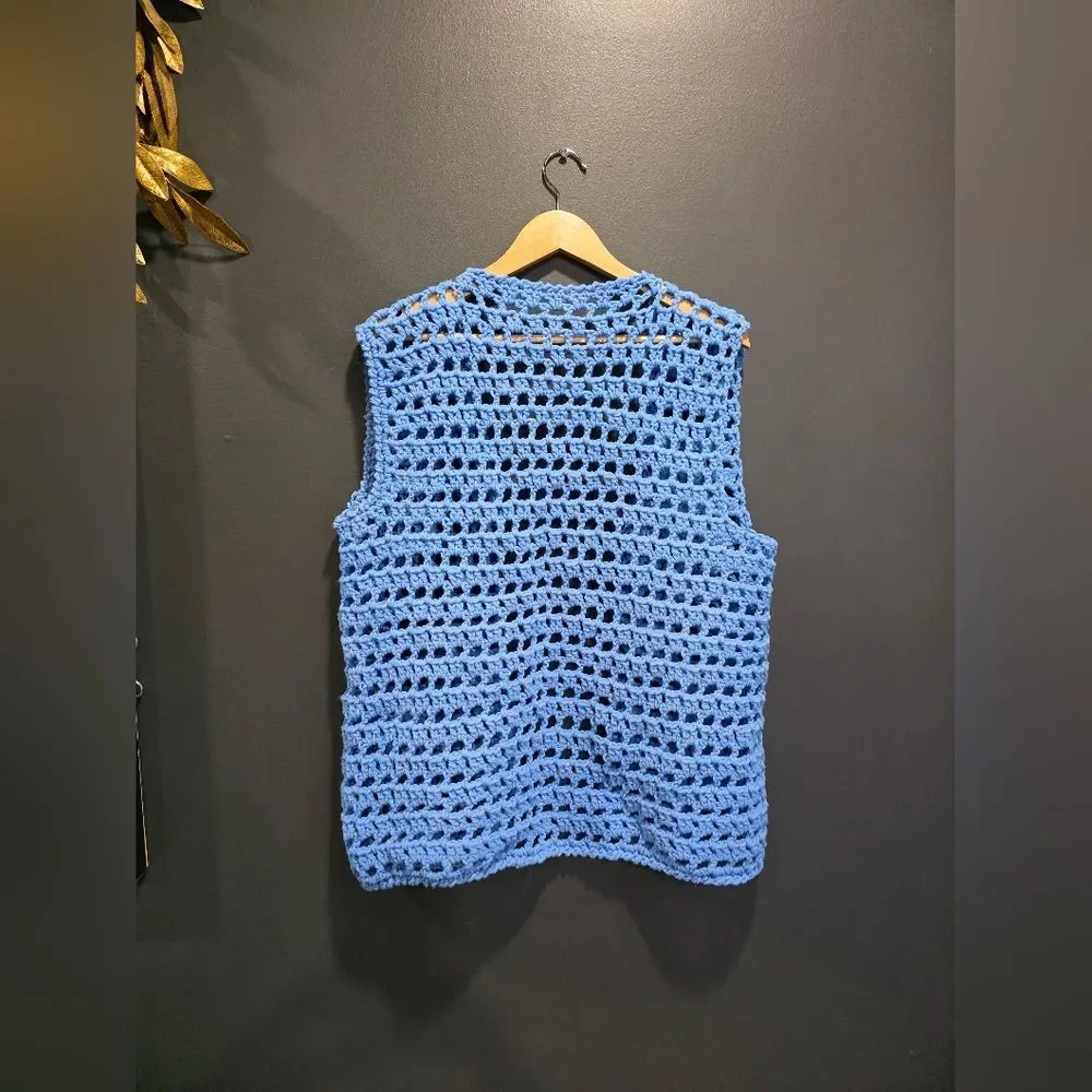 Blue Crochet Open Front Vest Cardigan